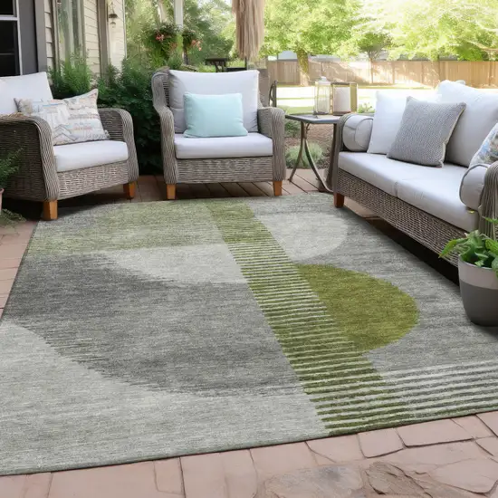 Olive Green And Gray Geometric Washable Indoor Outdoor Area Rug Photo 5