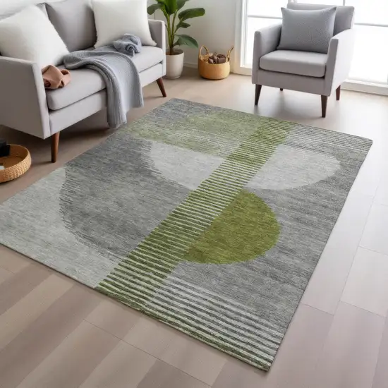 Olive Green And Gray Geometric Washable Indoor Outdoor Area Rug Photo 6