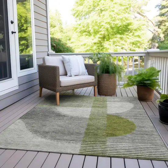 Olive Green And Gray Geometric Washable Indoor Outdoor Area Rug Photo 8