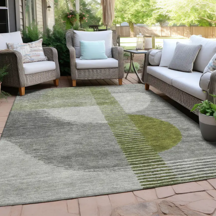 Olive Green And Gray Geometric Washable Indoor Outdoor Area Rug Photo 5