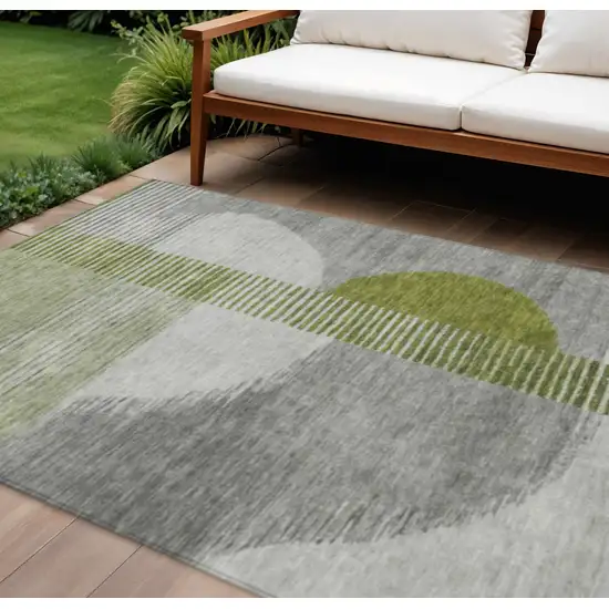 Olive Green And Gray Geometric Washable Indoor Outdoor Area Rug Photo 2