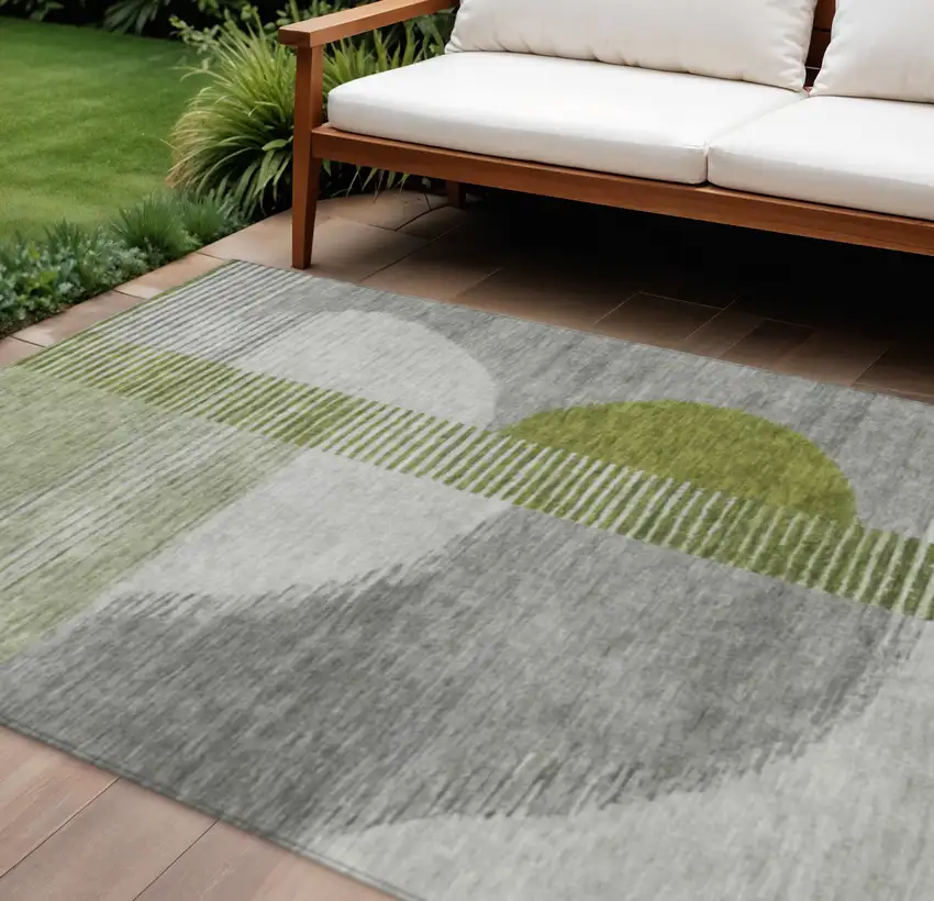 Olive Green And Gray Geometric Washable Indoor Outdoor Area Rug Photo 2