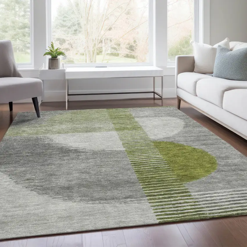 Olive Green And Gray Geometric Washable Indoor Outdoor Area Rug Photo 7