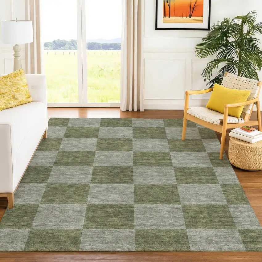 Olive Green And Gray Geometric Washable Indoor Outdoor Area Rug Photo 8