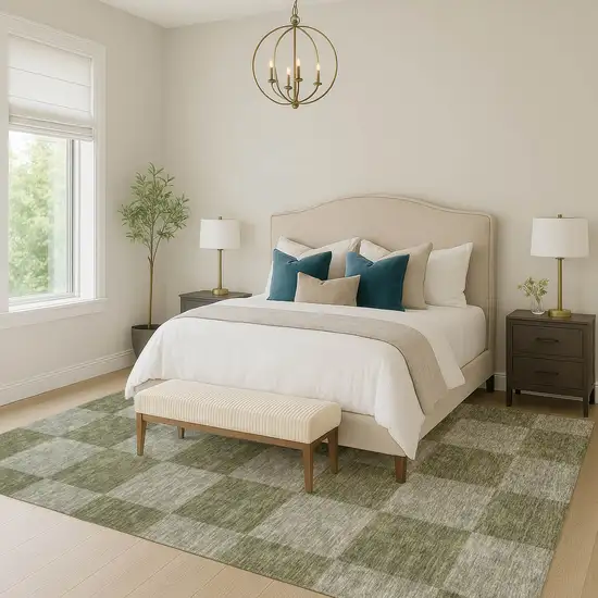 Olive Green And Gray Geometric Washable Indoor Outdoor Area Rug Photo 7