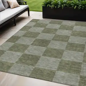 Photo of Olive Green And Gray Geometric Washable Indoor Outdoor Area Rug