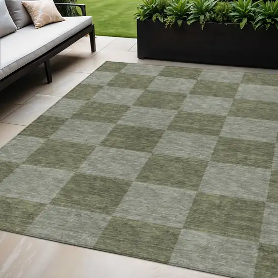 Olive Green And Gray Geometric Washable Indoor Outdoor Area Rug Photo 1