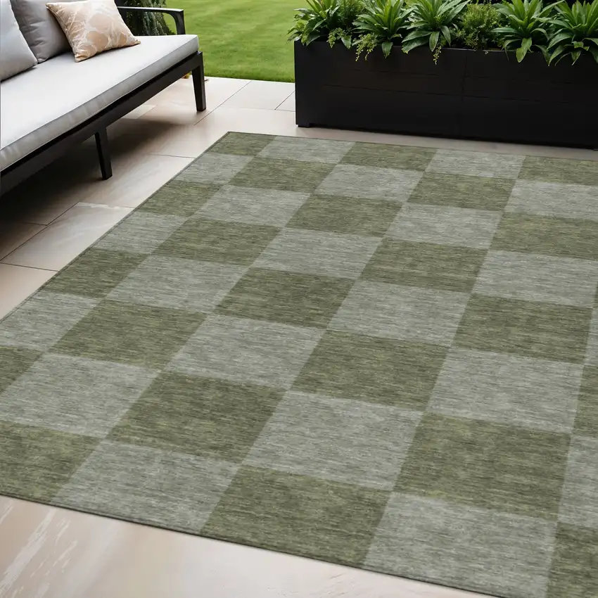 Olive Green And Gray Geometric Washable Indoor Outdoor Area Rug Photo 1