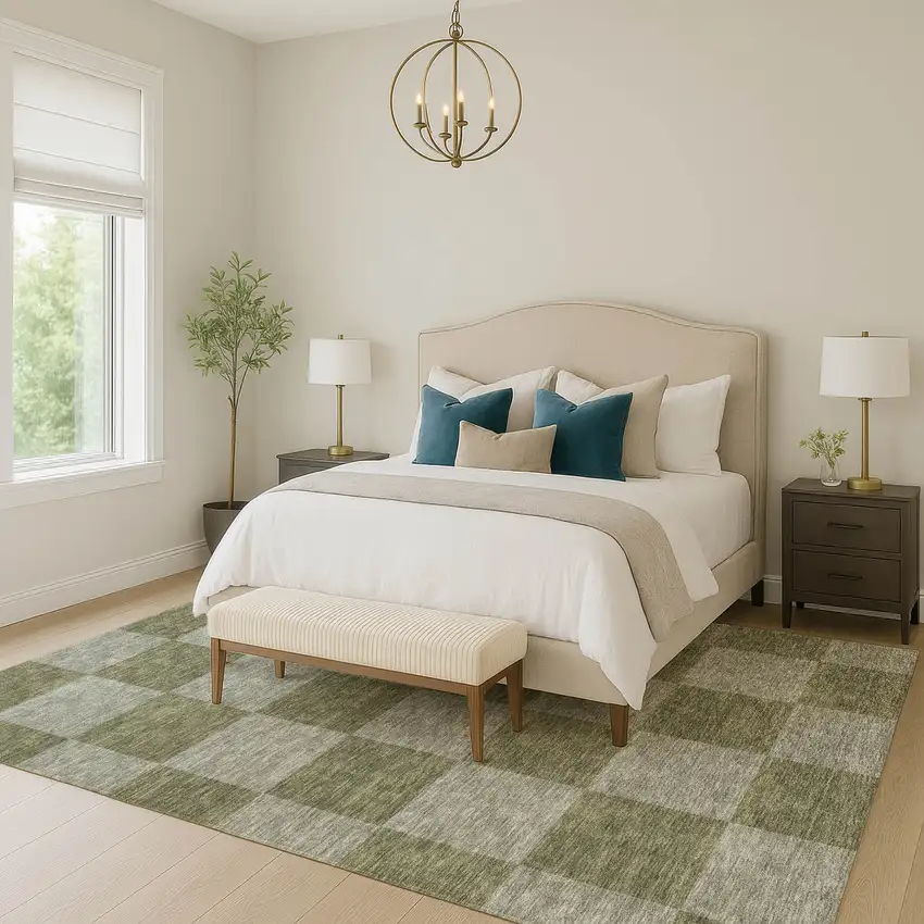 Olive Green And Gray Geometric Washable Indoor Outdoor Area Rug Photo 7