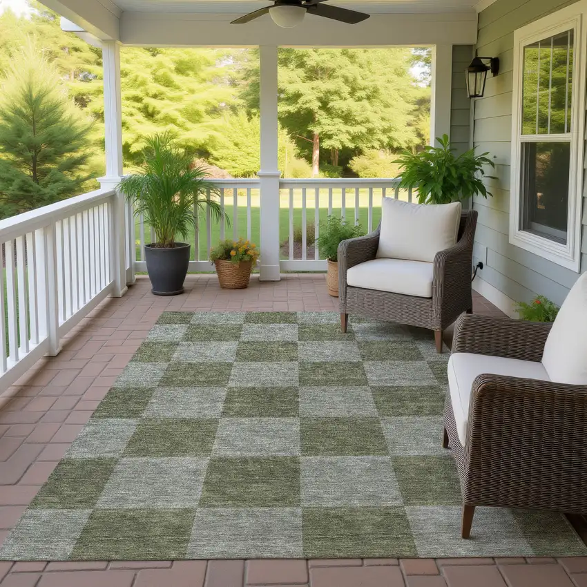 Olive Green And Gray Geometric Washable Indoor Outdoor Area Rug Photo 9