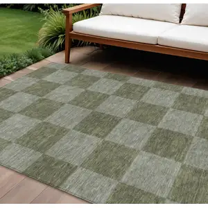 Photo of Olive Green And Gray Geometric Washable Indoor Outdoor Area Rug