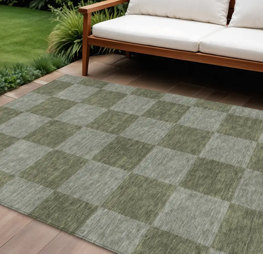 Olive Green And Gray Geometric Washable Indoor Outdoor Area Rug Photo 1