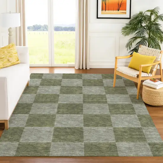 Olive Green And Gray Geometric Washable Indoor Outdoor Area Rug Photo 8