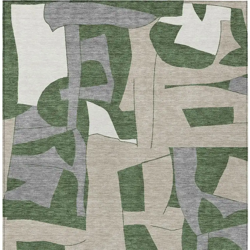 Olive Green And Gray Geometric Washable Indoor Outdoor Area Rug Photo 3