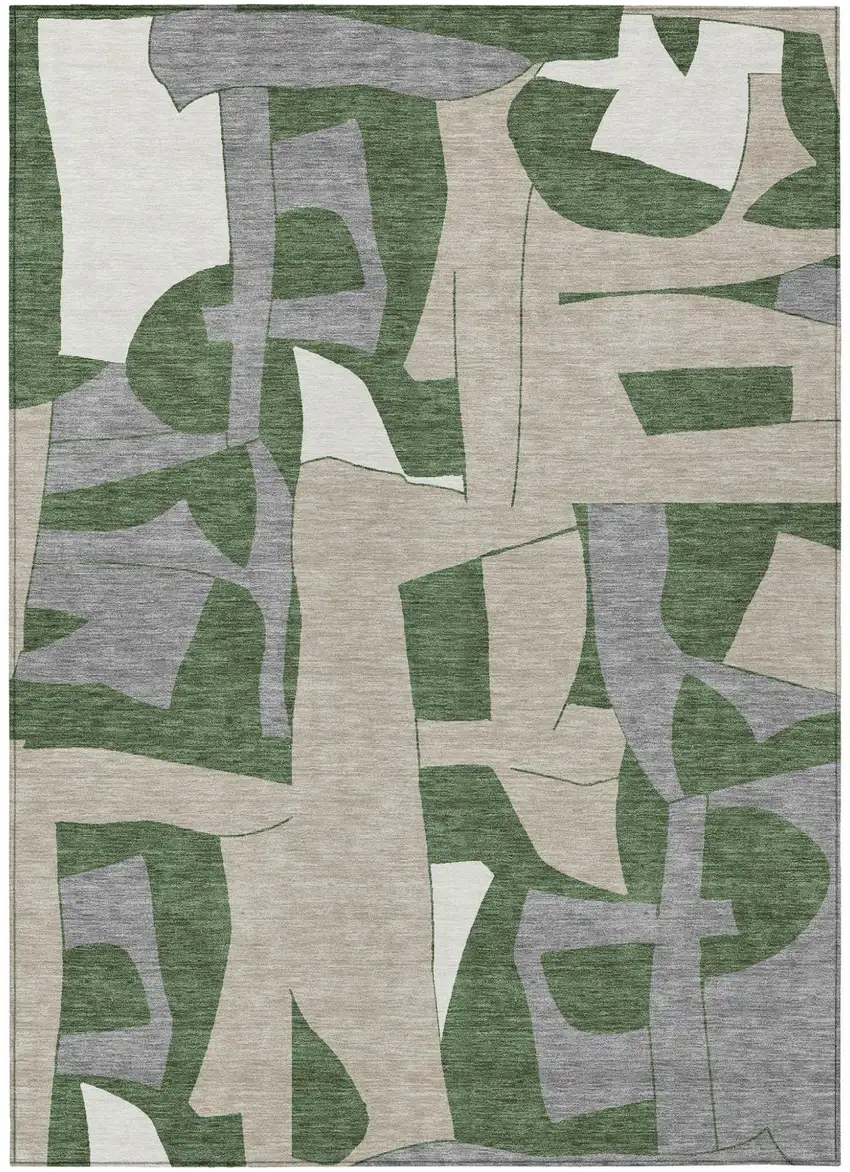 Olive Green And Gray Geometric Washable Indoor Outdoor Area Rug Photo 1