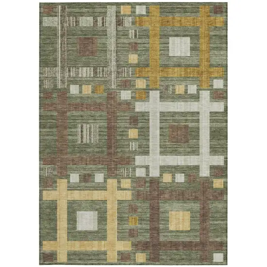 Olive Green And Gray Geometric Washable Indoor Outdoor Area Rug Photo 4