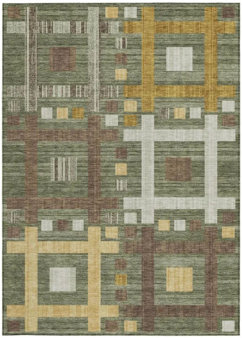 Olive Green And Gray Geometric Washable Indoor Outdoor Area Rug Photo 4