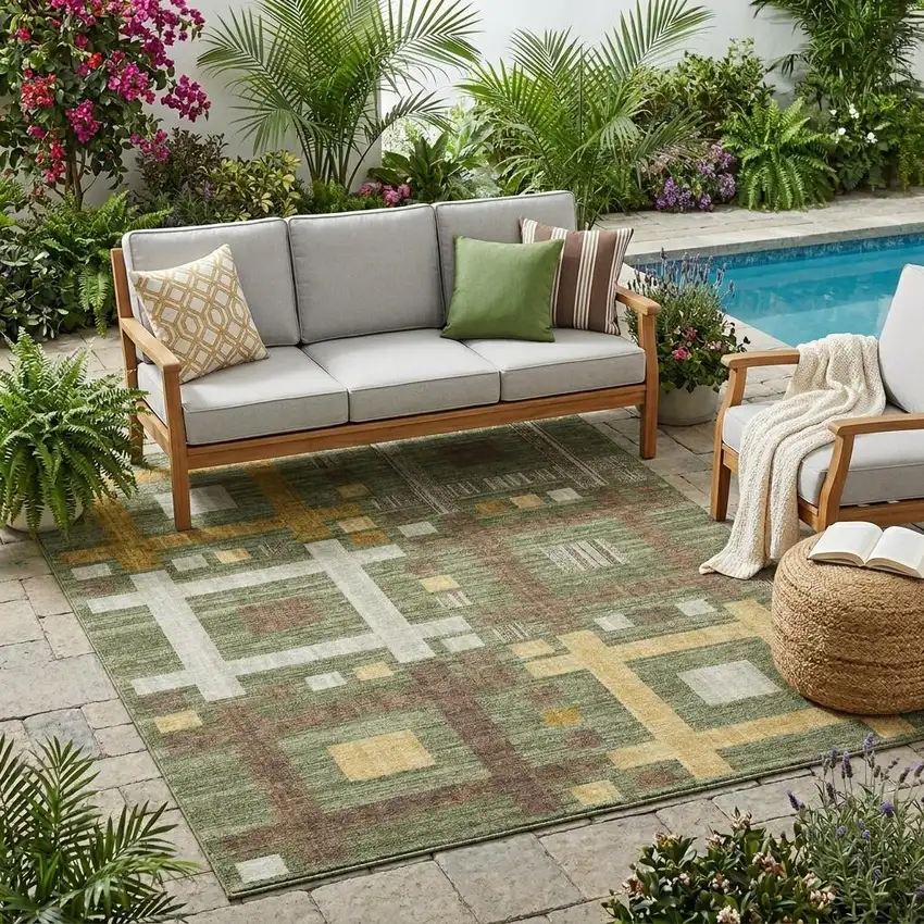 Olive Green And Gray Geometric Washable Indoor Outdoor Area Rug Photo 1
