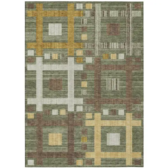 Olive Green And Gray Geometric Washable Indoor Outdoor Area Rug Photo 2