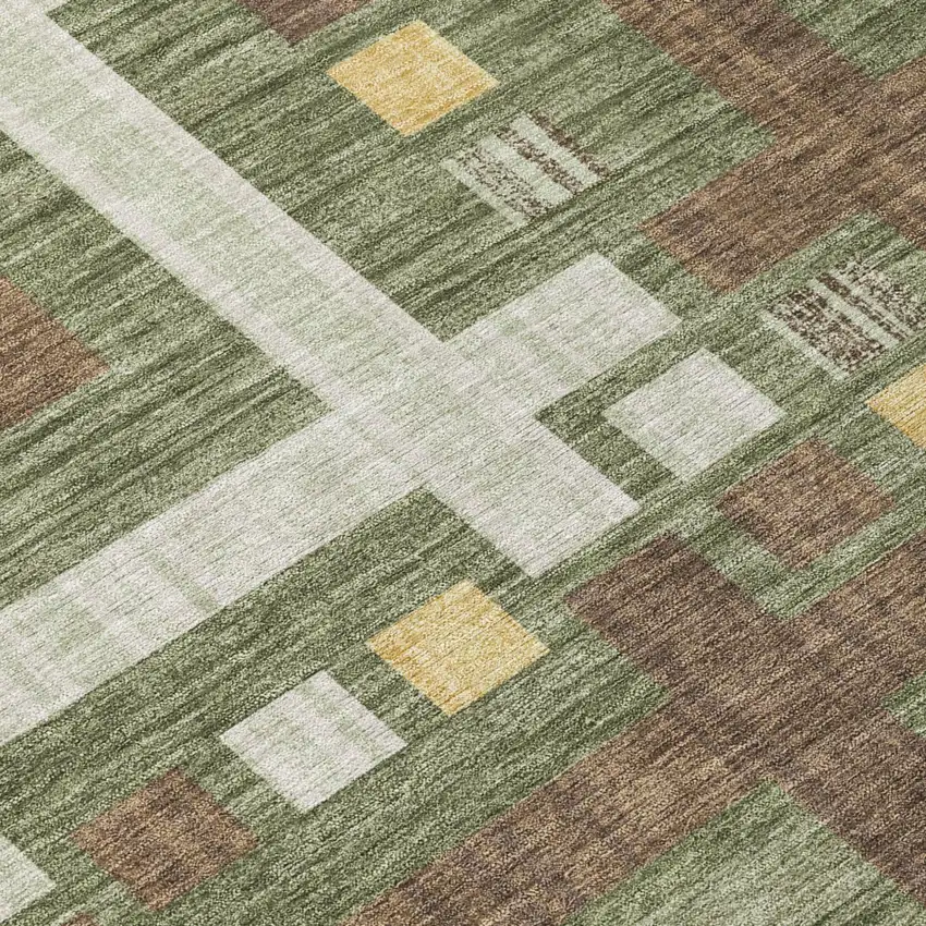 Olive Green And Gray Geometric Washable Indoor Outdoor Area Rug Photo 6