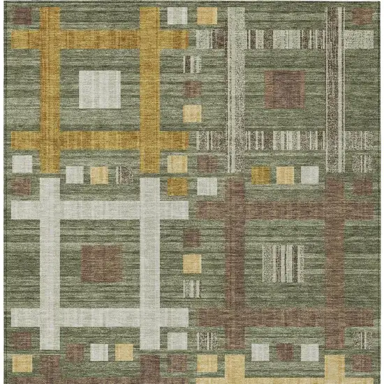 Olive Green And Gray Geometric Washable Indoor Outdoor Area Rug Photo 3