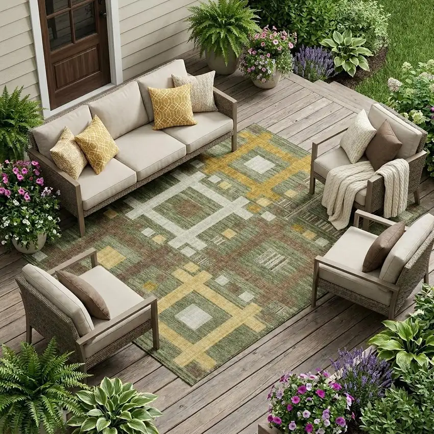 Olive Green And Gray Geometric Washable Indoor Outdoor Area Rug Photo 1