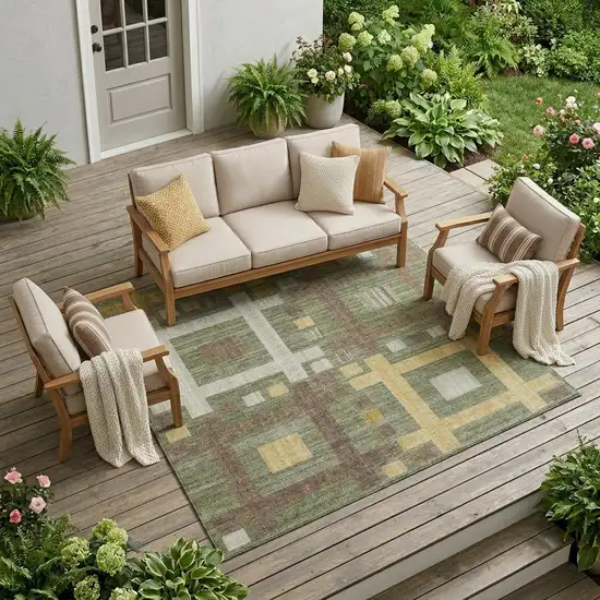 Olive Green And Gray Geometric Washable Indoor Outdoor Area Rug Photo 1