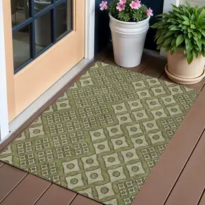Photo of Olive Green And Gray Geometric Washable Indoor Outdoor Area Rug