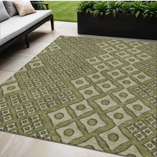 Olive Green And Gray Geometric Washable Indoor Outdoor Area Rug Photo 1