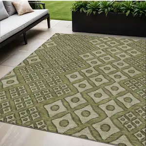 Photo of Olive Green And Gray Geometric Washable Indoor Outdoor Area Rug