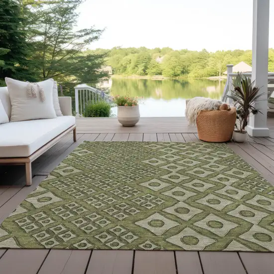 Olive Green And Gray Geometric Washable Indoor Outdoor Area Rug Photo 7