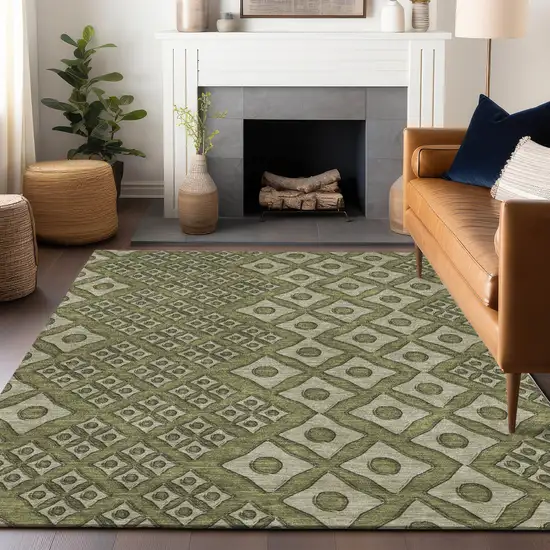 Olive Green And Gray Geometric Washable Indoor Outdoor Area Rug Photo 8