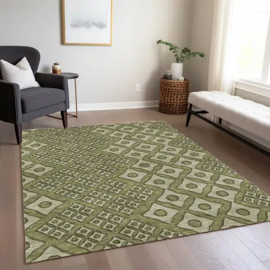 Olive Green And Gray Geometric Washable Indoor Outdoor Area Rug Photo 9
