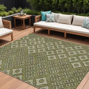 Photo of Olive Green And Gray Geometric Washable Indoor Outdoor Area Rug