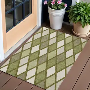 Photo of Olive Green And Gray Geometric Washable Indoor Outdoor Area Rug