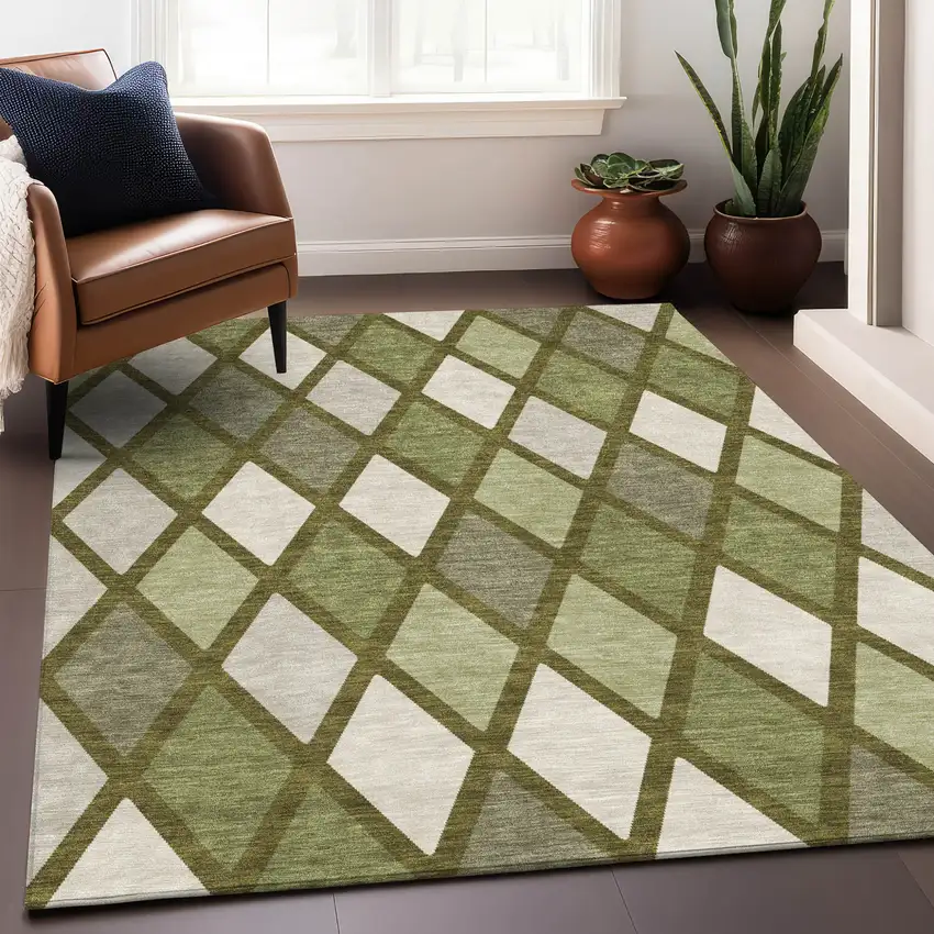 Olive Green And Gray Geometric Washable Indoor Outdoor Area Rug Photo 9