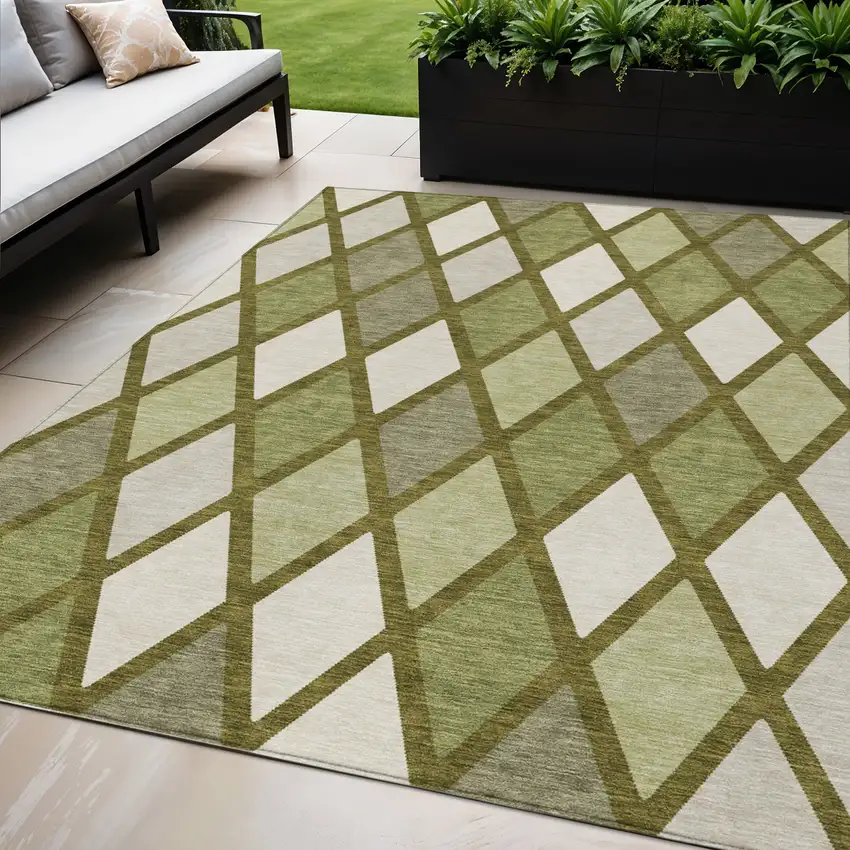 Olive Green And Gray Geometric Washable Indoor Outdoor Area Rug Photo 1