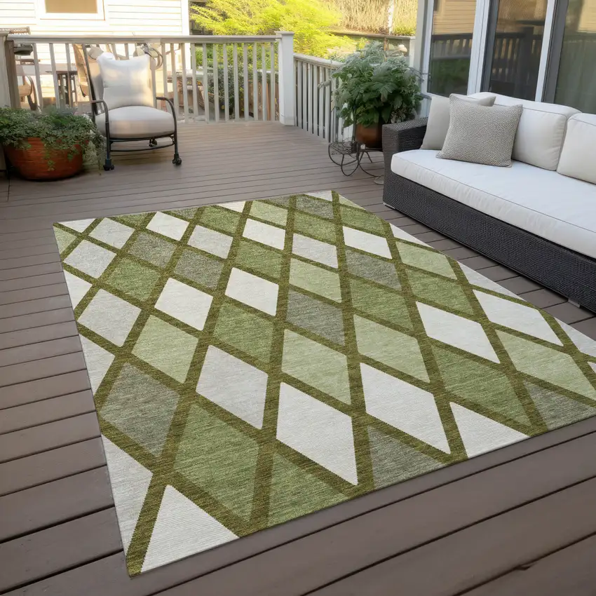 Olive Green And Gray Geometric Washable Indoor Outdoor Area Rug Photo 8