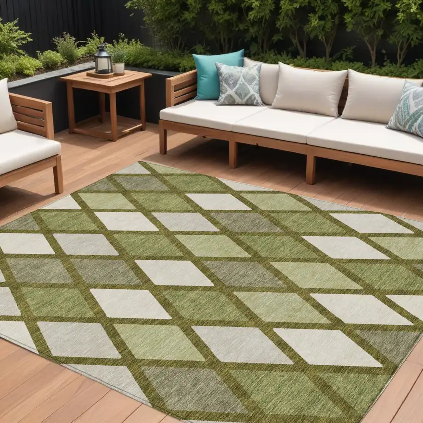 Olive Green And Gray Geometric Washable Indoor Outdoor Area Rug Photo 1