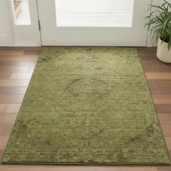 Olive Green And Gray Medallion Washable Area Rug With UV Protection Photo 2