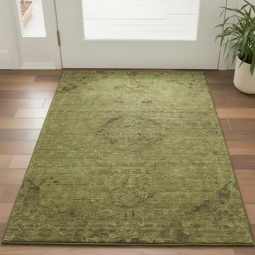 Olive Green And Gray Medallion Washable Area Rug With UV Protection Photo 2
