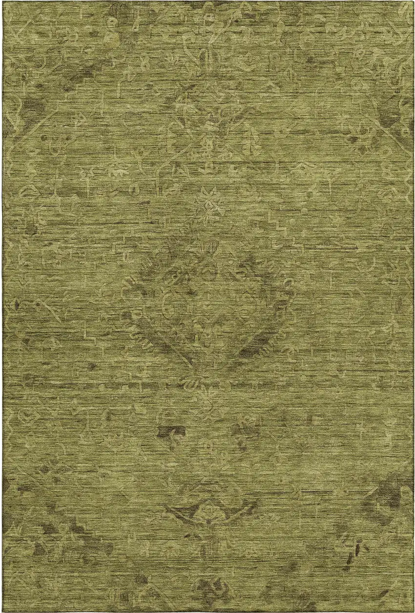 Olive Green And Gray Medallion Washable Area Rug With UV Protection Photo 1