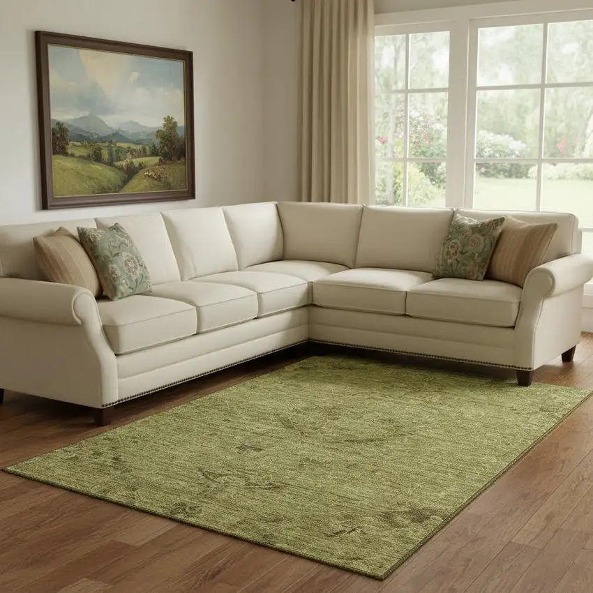 Olive Green And Gray Medallion Washable Area Rug With UV Protection Photo 2