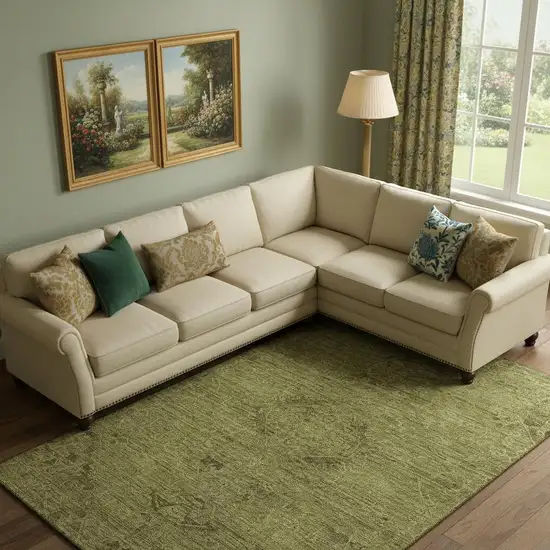 Olive Green And Gray Medallion Washable Area Rug With UV Protection Photo 2