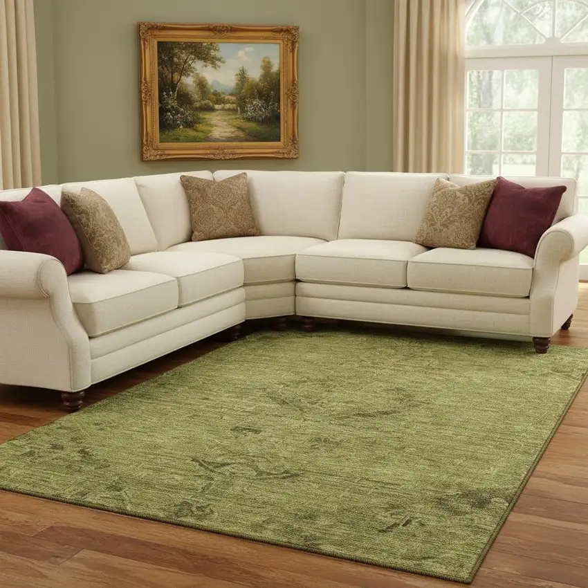 Olive Green And Gray Medallion Washable Area Rug With UV Protection Photo 2