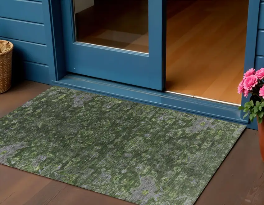 Olive Green And Gray Medallion Washable Indoor Outdoor Area Rug Photo 1