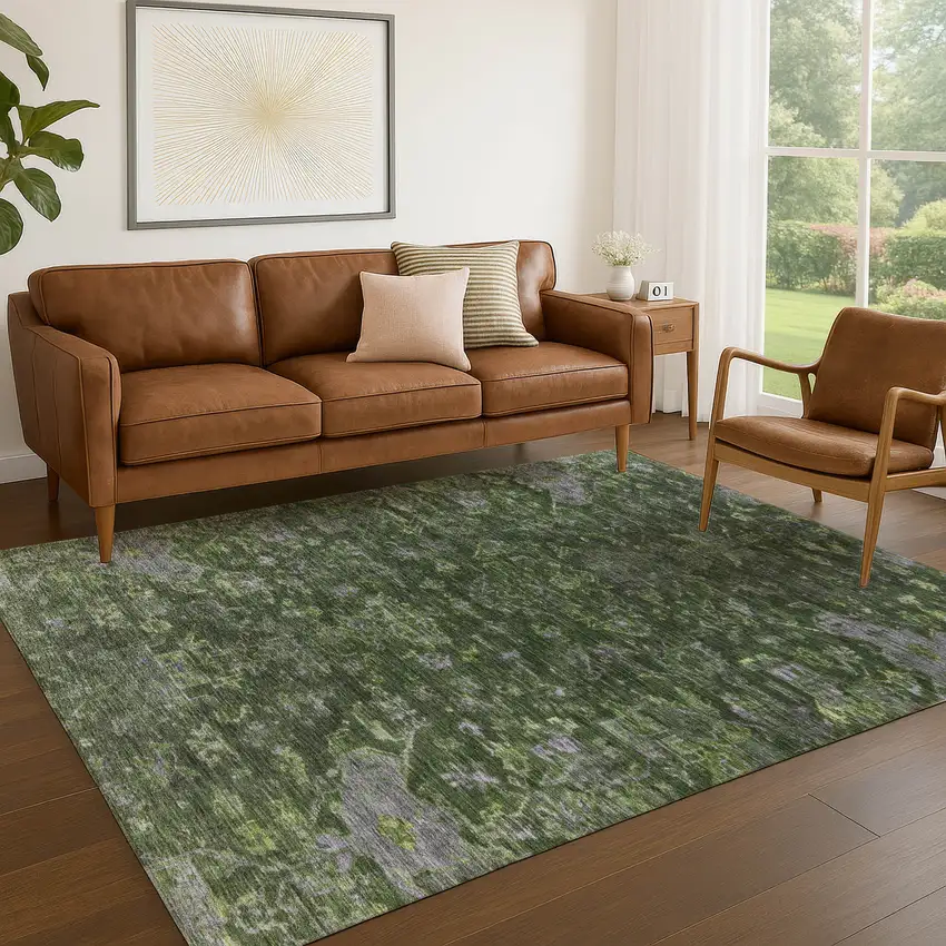 Olive Green And Gray Medallion Washable Indoor Outdoor Area Rug Photo 7