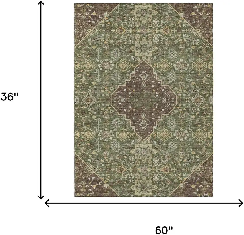 Olive Green And Gray Medallion Washable Indoor Outdoor Area Rug Photo 7