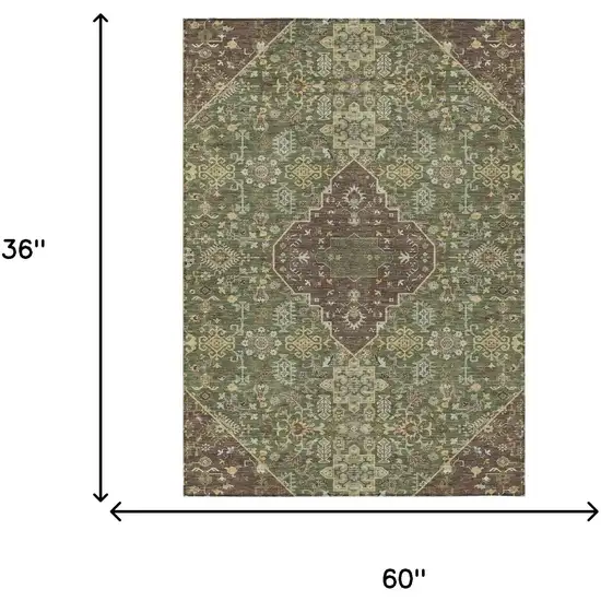 Olive Green And Gray Medallion Washable Indoor Outdoor Area Rug Photo 7