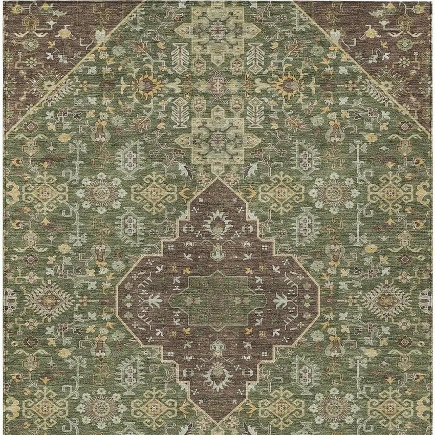 Olive Green And Gray Medallion Washable Indoor Outdoor Area Rug Photo 4